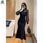 ショッピングパーティードレス パーティードレス 結婚式 お呼ばれドレス マーメイドワンピース ワンピースドレス 膝丈 袖あり 長袖 タイト シアー 大きいサイズ 3L 黒 20代 30代 40代