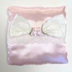 幅広レースリボンのスクエア型リングピロー ピンク 完成品 (直径約15cm) ウェディング 結婚式 結婚祝い サテン生地