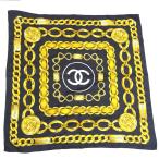 Ft521944 CHANEL シャネル スカーフ ココマーク チェーン柄 シルク ブラック×ゴールド系 中古【質みなみ・二又瀬店】