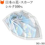 ショッピングスカーフ 日本製 シルク スカーフ 大判 正方形 90cm 幾何学模様 柄 ブルー 水色 青 薄手 軽量 冷房対策 おしゃれ ブランド