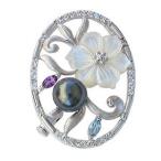 ブローチ 花 パール ミニブローチ タヒチ黒蝶真珠 白蝶貝 花 フラワー ロードライトガーネットキュ ...