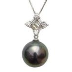 パールペンダントトップ 黒真珠 ブラックパール タヒチ黒蝶真珠 10mm ダイヤモンド 0.30ct バケット k18 ホワイトゴールド プレゼント ギフト 自分買い pu