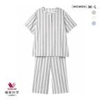 ワコール Wacoal スイミンカガク 睡眠科学 二重ガーゼ ストライプ パジャマ 5分袖 8分丈パンツ 上下セット ML 綿100% レディース