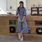 ショッピングワンピース 夏 レディース 春 夏 ワンピース 夏 レディース 半袖ワンピース ボーダー柄 ロングワンピ マリンセーラー サマーワンピース 5分丈袖 体型カバー マキシワンピース