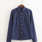 ショッピング水玉 水玉  綿シャツ レディース ドットシャツ ブラウス 小さめドット ドットシャツ コットン 薄手 綿 ブロード 長袖 丸衿 小さめサイズ スリムシルエット ネイビー
