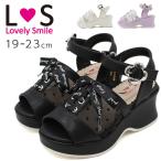 サンダル キッズ ジュニア 子供 靴 女の子 黒 ブラック 白 アイボリー リボン 厚底 シースルー ドット マジックテープ Lovely Smile ラブリースマイル LS4034