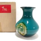カメイガラス   花器カメイガラス/レトロな手作りガラスの花瓶 グリーン 3023 ギフト 未使用