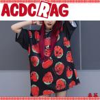 ACDC RAG エーシーディーシーラグ アシメイチゴ ヒュージTシャツ 半袖 薄手 パンク ロック 派手カワ 苺 ストロベリー レディース メンズ ビッグシルエット