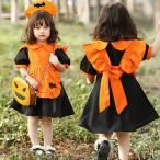 ハロウィン衣装 かぼちゃ カボチャ パンプキン ワンピース エプロン ドレス 3点セット 悪魔 魔女 女の子 子供用 仮装 魔法 髪飾り 黒 蝙蝠 パーティー
