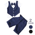 キッズ フォーマル スーツ セット 子供スーツ フォーマルスーツ 男の子 上下セット 重ね着Tシャツ+ハーフパンツ+蝶ネクタイ 3点セット ストライプ ハーフパンツ