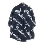 BALENCIAGA バレンシアガ 23AW 総柄ロゴ シルク半袖シャツ ブラック/ホワイト 681813