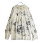 バレンシアガ 24SS Tattoo Distressed 790365 TQVR1 ダメージ加工 総柄プリント クルーネック長袖Tシャツ ロングスリーブ ロンT ホワイト