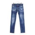 DSQUARED2 ディースクエアード バックロゴスタッズ ボタンフライ ペインテッド ストレートダメージデニム インディゴ F3-452