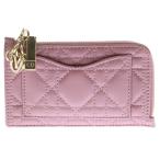 Christian Dior クリスチャンディオール レディーディオール ジップカードホルダー 小物入れ ケース ゴールド金具 ピンク ラムスキン