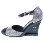 CHANEL シャネル グリッター アンクルストラップサンダル ブラック/シルバー