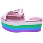 グッチ ×アディダス トレフォイルロゴ レザーワッペン シルクサテン マルチカラー プラットフォーム 厚底 サンダル レディース 702294