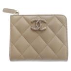 CHANEL シャネル ココマーク ラインストーン キャビアスキン レザーコンパクトジップウォレット 財布 ベージュ