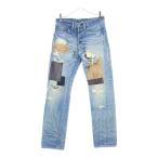 glamb グラム 日本製 ダメージ加工 レザーパッチワークデザイン ボタンフライ デニムパンツ インディゴ