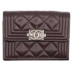 CHANEL シャネル ボーイシャネル キャビアスキン レザー コンパクトウォレット 三つ折り財布 シルバー金具 ブラウン A84432
