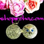 ネックレス梟ブルーの目アンティーク調ブロンズフクロウロケットネックレス