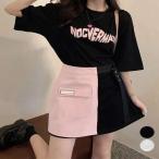 送料無料 プチプラセットアップレディースカジュアル ロングtシャツおしゃれ 英字プリントtシャツ半袖 ラップ