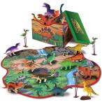 GILOBABY 恐竜おもちゃ 恐竜フィギュア 2IN1恐竜 おもちゃ マット 収納ボックス 恐竜遊び リアルな恐竜おもちゃ 樹木 ロック 創造できる