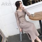 ニットワンピース ロング 秋冬 スカート レディース プリーツ 長袖 無地 ゆったり タイト vネック 可愛い きれいめ おしゃれ 通勤 OL