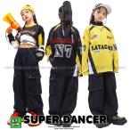 ヒップホップ 衣装 キッズダンス衣装 セットアップ 黄色 黒 デニム K-POP 韓国 hiphop 子供ダンス服 派手 レーサー風 へそ出し トップス パンツ