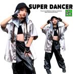 ベースボールシャツ ダンス衣装 キッズ ヒップホップ 衣装 セットアップ 子供ダンス服 派手 ガールズ 男の子 シャツ レザーパンツ シルバー 銀 黒