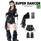 ガールズ ヒップホップ 衣装 黒 K-POP 韓国 ジャズ チアダンス 子供ダンス服 ダンスウェア 子供ダンス服 フリル 斜め肩出し トップス ショートパンツ