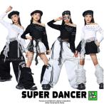 ショッピングダンス ダンス衣装 ガールズ 衣装 黒 白 K-POP 韓国 ジャズ キッズダンス衣装 セットアップ アシンメトリー 肩出しトップス ラインパンツ スカート