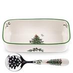 Spode Christmas Tree Cranberry Bowl with Slotted Spoon by Spode