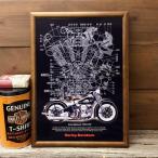 ハーレー ナックルヘッド アートポスター B4 木製額 セット ◆ バイク イラスト Harley F23bk