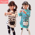 子供服 チュニック キッズ ワンピース レギンス 女の子 上下セット長袖 ショルダーバック風飾り付 お揃いネコ顔 子供 ２点セットアップ グリーン 白