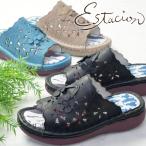 エスタシオン サンダル レディース パンチングフラワー本革サンダル 歩きやすい ローヒール 痛くない レザーシューズ オープントゥ コンフォートサンダル MSE179