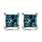 14K White Gold 1/5 Cttw Princess Cut Blue Diamond Stud Earrings (2.5mm Each［並輸51］