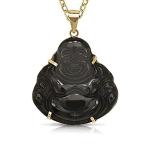 本物の14k 16インチ 天然翡翠またはオニキス 彫刻 スマイリングブッダペンダントネックレス (24mm x 30mm) L ブラック［並輸51］