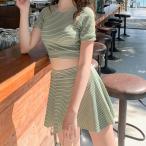 水着 レディース 体型カバー ビキニ ギャザーフリル スカート付き セパレート リブ水着 2点セット タンキニ  フレア  パッド付き ワイヤービキニ 人気