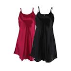 uxcell ランジェリー ロングスリップ キャミソール インナーウェア 薄い レディース ブラック+ブルゴーニュ XXL(胸囲88cm)