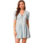 uxcell Allegra K 花柄ワンピース サンドレス Vネック パフスリーブ 半袖 チュニック レディース ブルー M