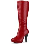 uxcell Allegra K ニーハイブーツ チャンキーヒール ラウンドトゥ プラットフォーム レディース レッド 27.0