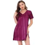 uxcell cheibear パジャマ サテン ドレス Vネック ナイトシャツ ラウンジ ナイトガウン レディース レッド L