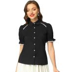 uxcell Allegra K круг воротник блуза кнопка down рубашка Vintage Contrast отделка пуховка короткий рукав женский черный XS