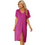 uxcell ナイトガウン パジャマドレス スリープシャツ 半袖 無地 モーダル ナイトシャツ ボタンダウン レディース パープリッシュレッド S