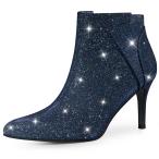 Allegra K アンクルブーツ ジッパーブーティ スティレットヒール 先のとがったつま先 レディース ブルー 26.5cm