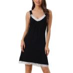 cheibear レディース ナイトガウン レース トリム プリーツ モーダル ナイトシャツ V ネック スリープ ドレス パジャマ ブラック L