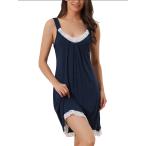 cheibear レディース ナイトガウン レース トリム プリーツ モーダル ナイトシャツ V ネック スリープ ドレス パジャマ ネイビー S