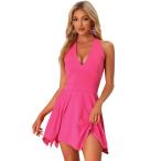 Allegra K ミニドレス スケーターワンピース ホルター ディープ Vネック ノースリーブ レディース ローズレッド M