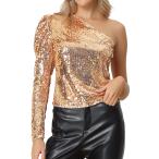 Allegra K ワンショルダー トップス スパンコール パフスリーブ 長袖 シマー トップス キラキラ レディース シャンパンゴールド L