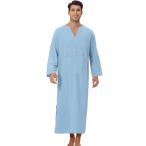 Lars Amadeus ナイトガウン ルーズフィット パジャマ 長袖 Vネック ナイトシャツ メンズ 青 S